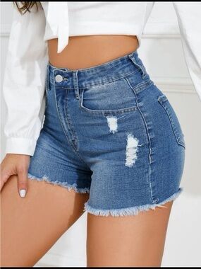 SHEIN Blue High-Rise Distressed Denim Shorts